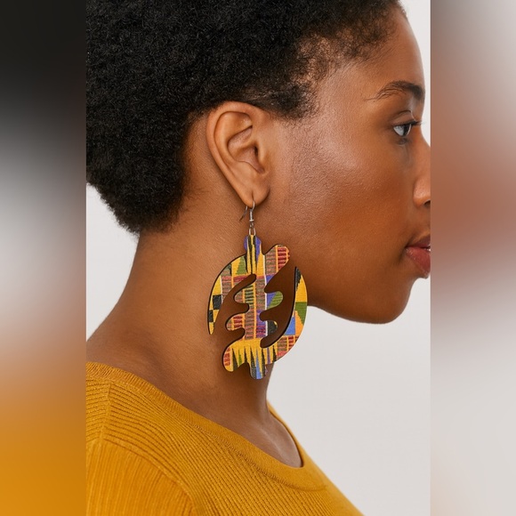 Adinkra Gye Nyame African Print Wooden Earrings 3IN - Picture 1 of 5